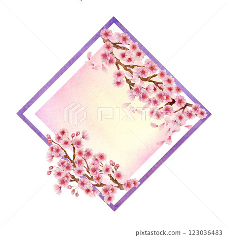Rhombus frame with sakura flowers with gradient color background isolated on white. Spring blooming cherry blossom flowers for Hanami. Shades of pink, lilac, purple petals. Watercolor template Rhombus frame with sakura flowers with gradient color background isolated on white. Spring blooming cherry blossom flowers for Hanami. Shades of pink, lilac, purple petals. Watercolor template 123036483