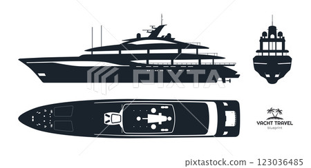 Yacht silhouette. Side, front and top views of private ship. Luxury boat blueprint. Cruise motorboat industrial drawing Yacht silhouette. Side, front and top views of private ship. Luxury boat blueprint. Cruise motorboat industrial drawing 123036485
