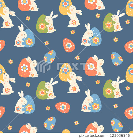 Easter Seamless pattern. Cute paschal bunny with decorative Egg and flowers on blue background. Holiday Vector illustration. Kids collection Easter Seamless pattern. Cute paschal bunny with decorative Egg and flowers on blue background. Holiday Vector illustration. Kids collection 123036546