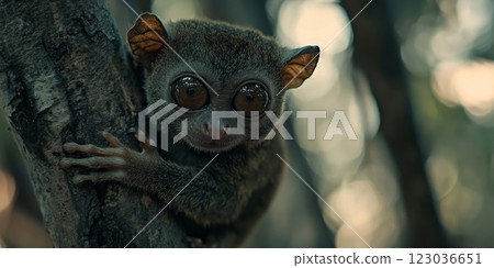 Philippine tarsier clinging to a tree branch in bohol, philippines Philippine tarsier clinging to a tree branch in bohol, philippines 123036651