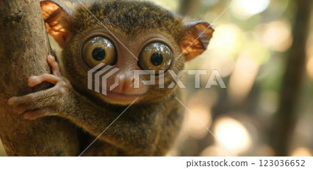 Philippine tarsier clinging to a branch in bohol, philippines 123036652