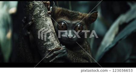 Philippine tarsier clinging to a tree branch in the rainforest 123036653
