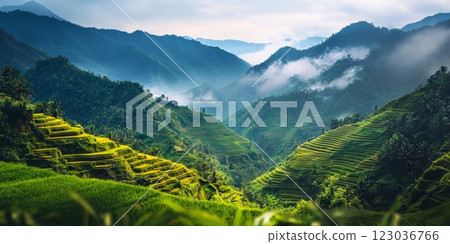 Banaue rice terraces showing green rice growing in philippines mountain valley 123036766