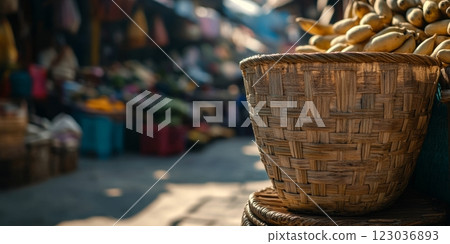 Wicker basket holding fresh bananas at a philippines market 123036893