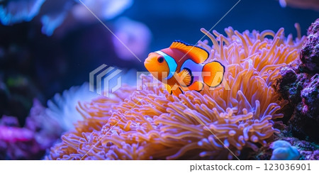 Ocellaris clownfish swimming near the sea anemone in coral reefs 123036901