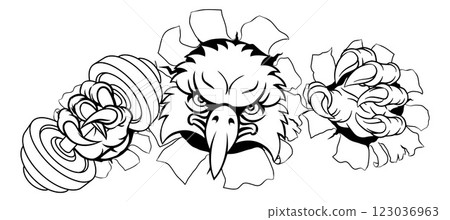 Eagle Hawk Bird Weight Lifting Dumbbell Gym Mascot Eagle Hawk Bird Weight Lifting Dumbbell Gym Mascot 123036963