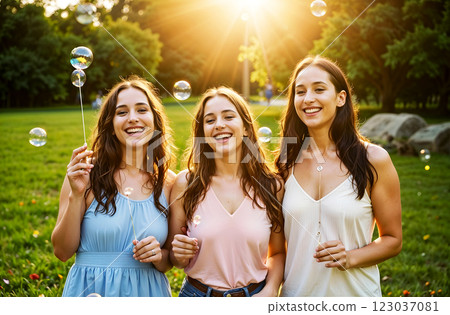 A group of joyful friends happily playing with colorful bubbles in a sunlit park today 123037081