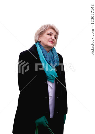 a senior woman in coat and scarf, isolated, png 123037148