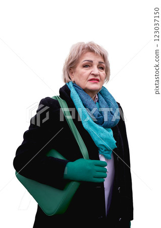 a senior woman in coat and scarf, isolated, png 123037150