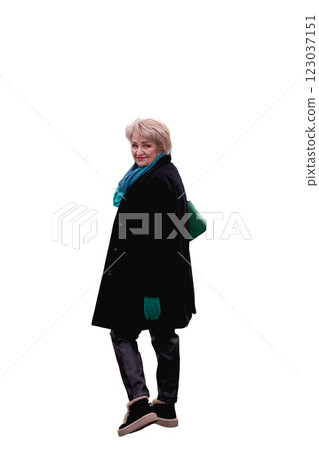 a senior woman in coat and scarf, isolated, png 123037151