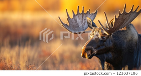 Alaskan moose with large antlers enjoying golden sunset light 123037196