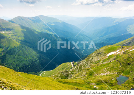 mountain landscape of romania in summer. vacation season. beautiful outdoor scenery with alpine lake. scenic view in to the valley. travel background with blue sky and clouds. grassy slope 123037219
