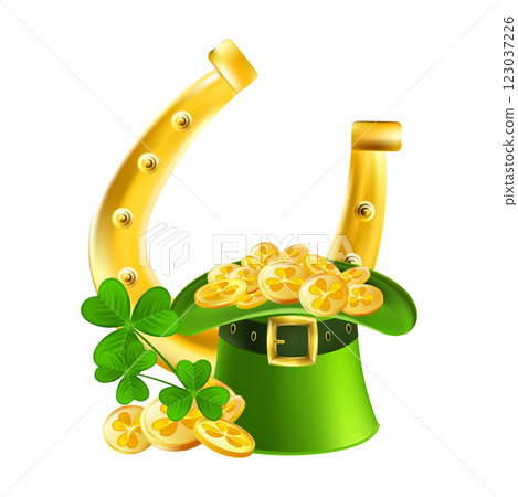 Leprechaun Top Hat with Shamrocks and Gold Coins. Leprechaun Top Hat with Shamrocks and Gold Coins. 123037226