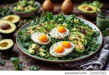 A Nutritious and Healthy Breakfast featuring Eggs and Avocado served on a Bed of Fresh Greens 123037281