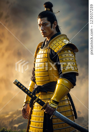 A Samurai Warrior Dressed in Traditional Armor Standing Strong Against a Dramatic Background 123037289