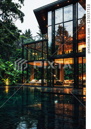 A Stunning and Modern Glass Villa, Impeccably Surrounded by Lush and Vibrant Greenery, Awaiting You 123037318