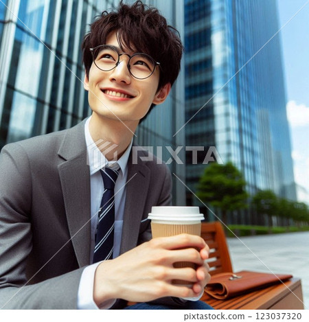 一位穿著西裝的男士在戶外喝咖啡 123037320