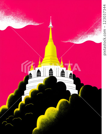 A Stunning and Vibrant Pagoda Rising Gracefully Above a Colorful and Lively Landscape 123037344