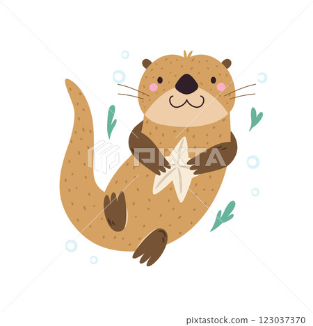 Vector illustration of cute otter character holding sea star. Funny marine creature Vector illustration of cute otter character holding sea star. Funny marine creature 123037370