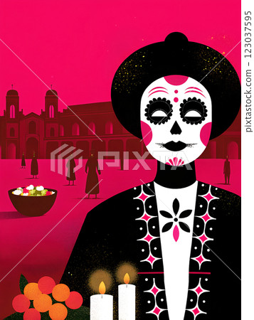 A Vibrantly Colorful Day of the Dead Celebration Featuring an Artistic Sugar Skull Design 123037595