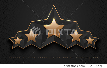 Gold glossy 5 star top rank logo badge frame. Luxury polygonal stone sign, golden rim border, black background. Abstract vector premium achievement five star glass icon. Reflection gold light effect 123037769