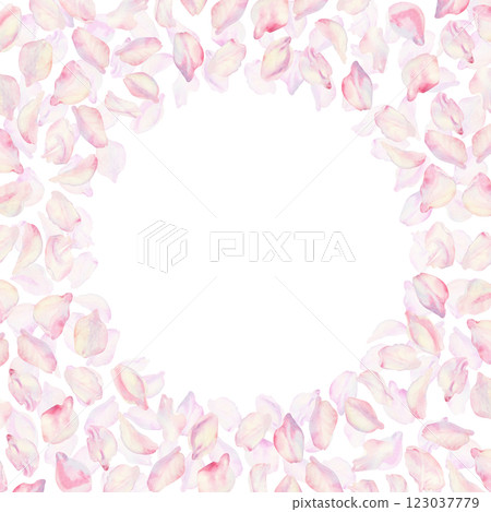 Frame with sakura flowers on background. Spring blooming cherry blossom flowers for Hanami festival. Delicate shades of pink, lilac, lilac, purple petals. Watercolor template for card, poster, web 123037779