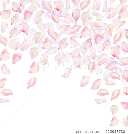 Frame with sakura flowers on background. Spring blooming cherry blossom flowers for Hanami festival. Delicate shades of pink, lilac, lilac, purple petals. Watercolor template for card, poster, web 123037780