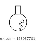 Round bottom flask with liquid and bubbles; line icon; illustration 123037781