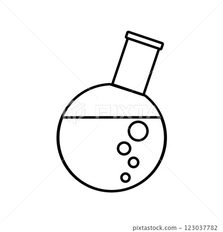 帶有液體和氣泡的圓底燒瓶；線條圖示；插圖 123037782