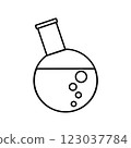 Round bottom flask with liquid and bubbles; line icon; illustration 123037784