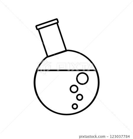 帶有液體和氣泡的圓底燒瓶；線條圖示；插圖 123037784