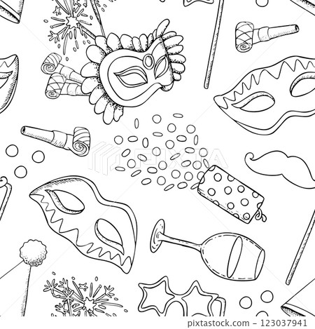 Line Mardi Gras masquerade and carnival symbols black and white vector seamless pattern with masks, confetti poppers and star glasses on stick. Hand drawn background for kids Purim coloring book 123037941