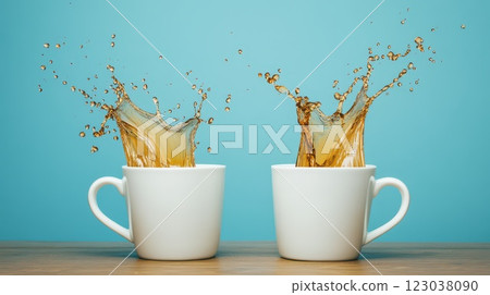 Splashes of beverage in white cups on wooden table 123038090