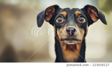 Dog shows curiosity with large expressive eyes 123038127