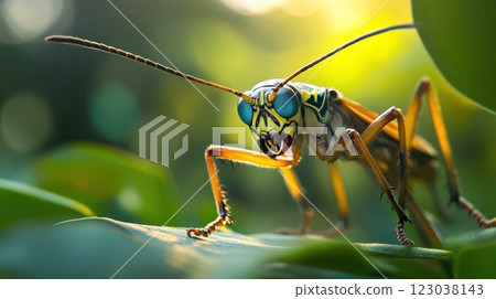 Colorful insect resting on green leaves in nature 123038143
