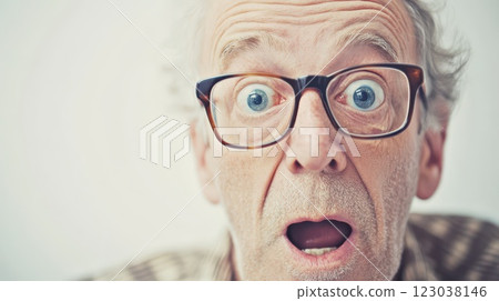 Elderly man shows surprise with wide eyes 123038146