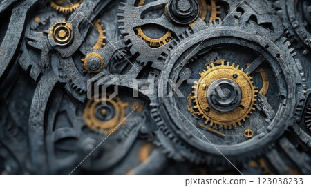 Intricate mechanical gears in a clockwork assembly Intricate mechanical gears in a clockwork assembly 123038233