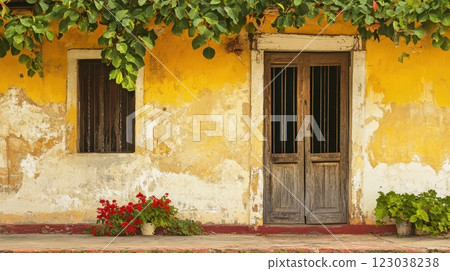 Sunlit door with vibrant flowers 123038238