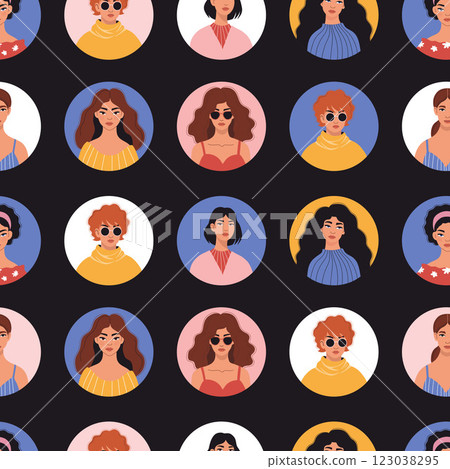 Woman Seamless pattern. Modern Female Portrait In round avatar on black background. Holiday March 8 Women's Day. Vector illustration. Celebration and feminism concept Woman Seamless pattern. Modern Female Portrait In round avatar on black background. Holiday March 8 Women's Day. Vector illustration. Celebration and feminism concept 123038295
