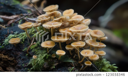 Mushrooms growing on a log in a forest 123038346