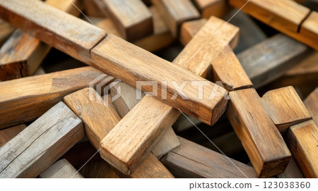 Chaotic wooden block arrangement Chaotic wooden block arrangement 123038360