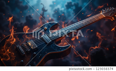 Burning Electric Guitar Representing Passion for Music Burning Electric Guitar Representing Passion for Music 123038374