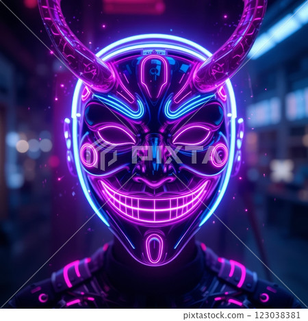 Futuristic neon lights Oni Mask Cyber Demon of Japanese Mythology 123038381