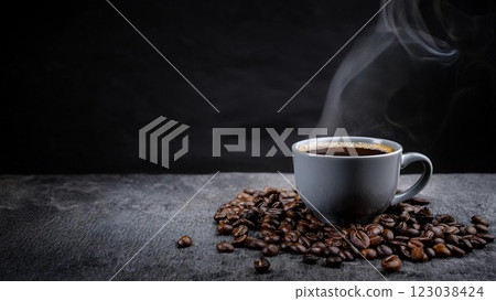 Hot coffee and coffee beans Hot coffee and coffee beans 123038424