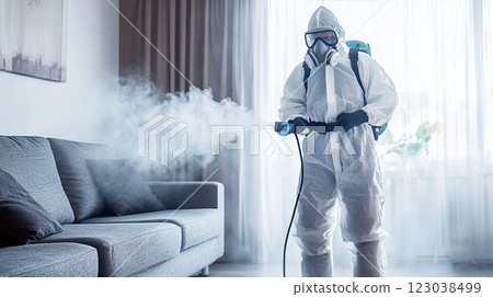 穿著防護衣的工作人員正在對房間進行消毒 123038499