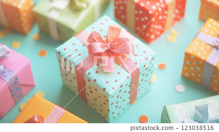 Gift box with colorful wrapping paper and ribbon 123038516