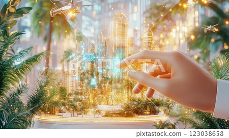 Finger reaches to illuminate futuristic city model surrounded by greenery in a conceptual vision of urban landscapes 123038658
