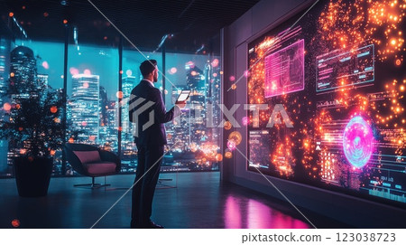Business professional analyzing data in a modern office overlooking a city skyline at night 123038723