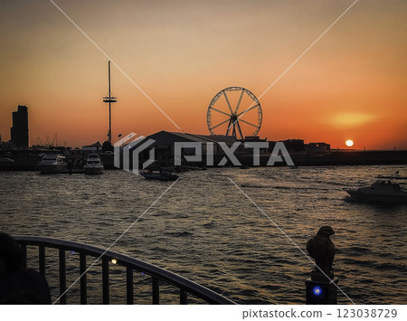 Dubai Marina Skyline with Ain Dubai at Sunset Stock Photo, Dubai, UAE 123038729