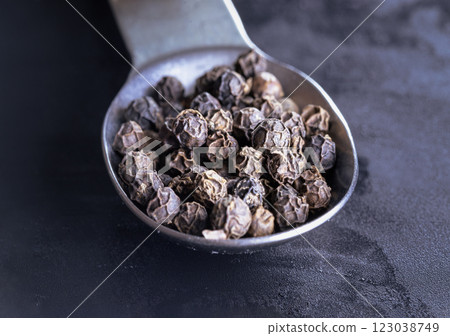 Raw organic black peppercorns or Dry black pepper seeds in stainless steel spoon on Dark background. Raw organic black peppercorns or Dry black pepper seeds in stainless steel spoon on Dark background. 123038749